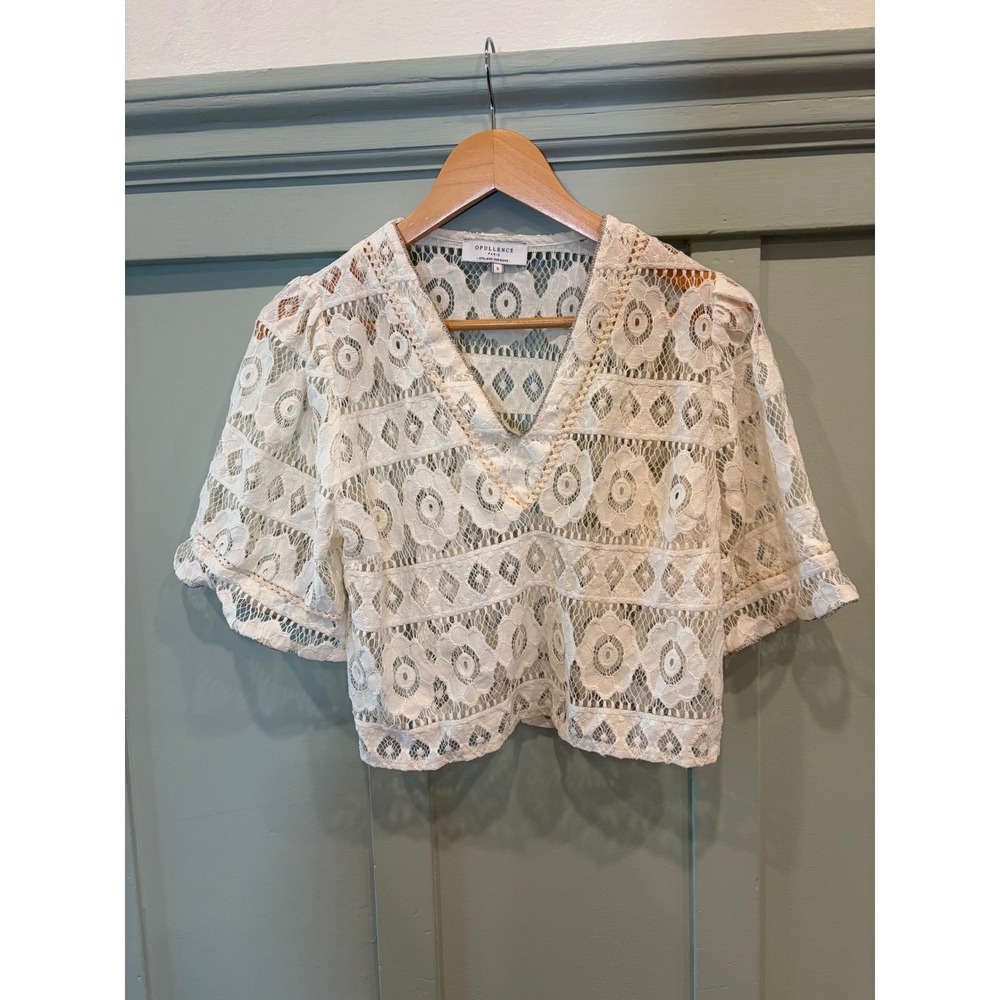 Opullence Paris Tamara Ivory Lace V-Neck Top Short Sleeve French Boho Small